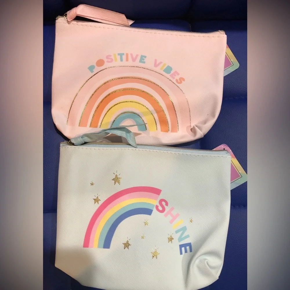 2pk graphic print positive vibes & shine rainbow makeup‎ toiletries bag cases